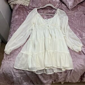 Light Cream Tiered Mini Dress with Long Sheer Sleeves